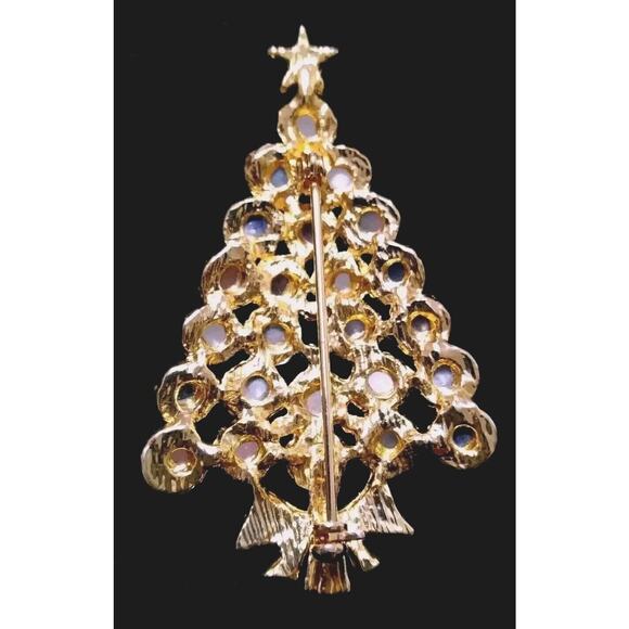 Vintage Brooch Christmas Tree Goldtone Rhinestones Facted Star Enamel Bow 2 In. - Picture 8 of 8